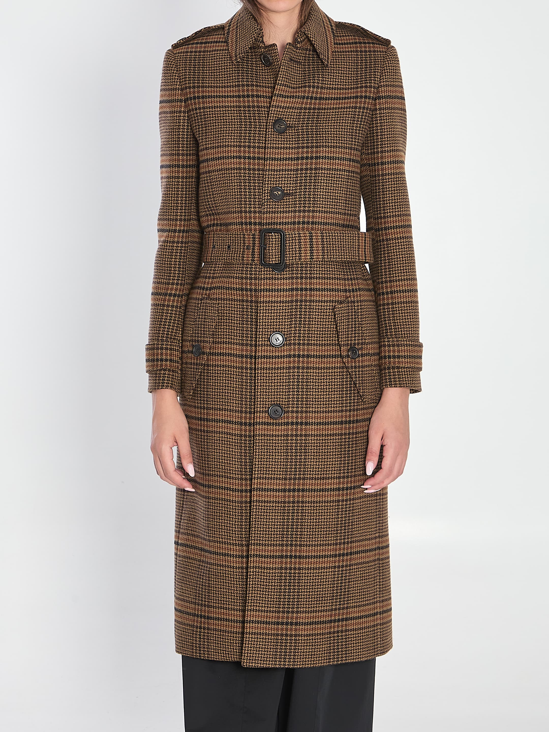Saint Laurent Long Coat in Prince of Wales Wool