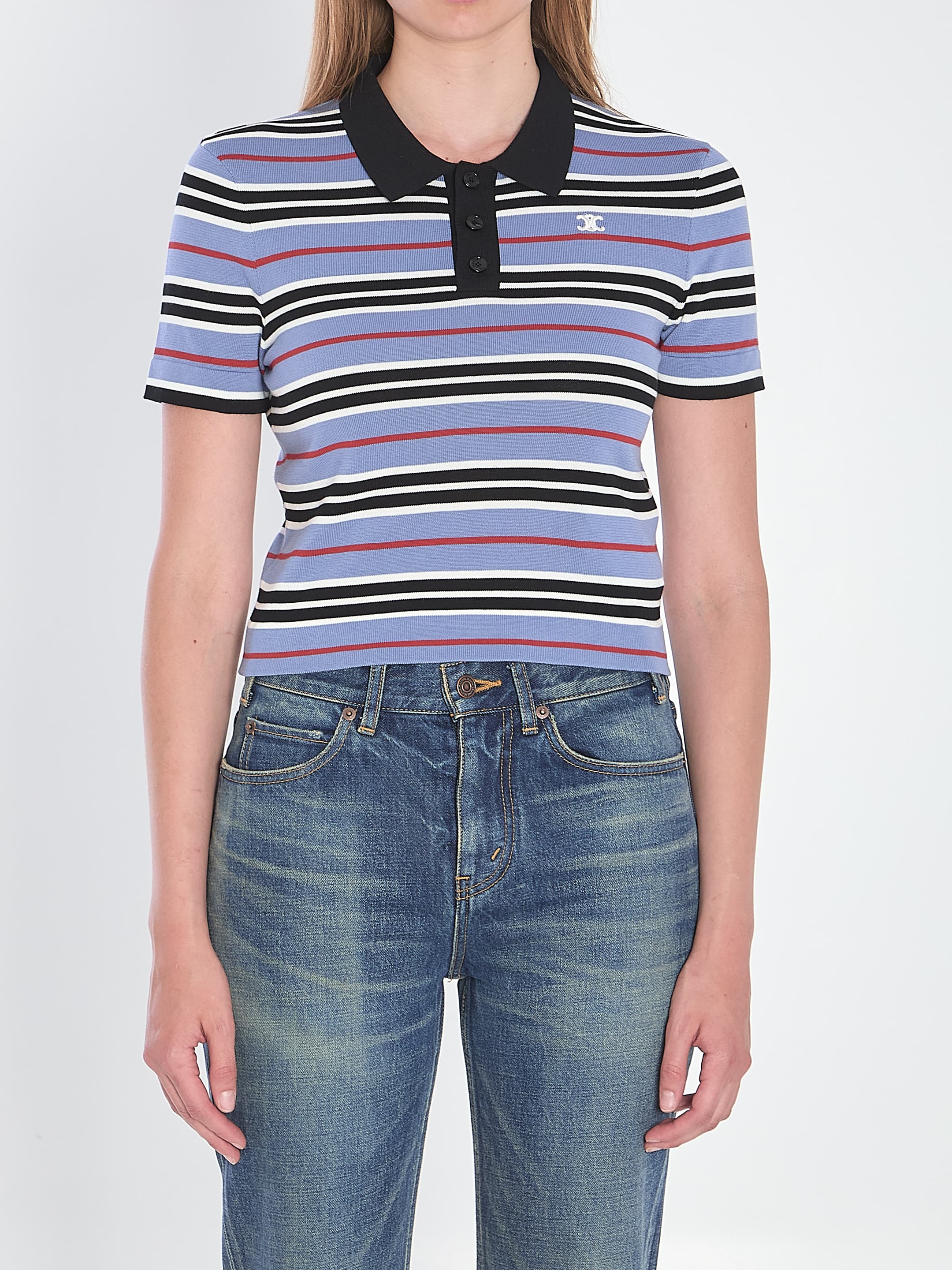 Celine Cotton Knit Polo Shirt with Striped Motif