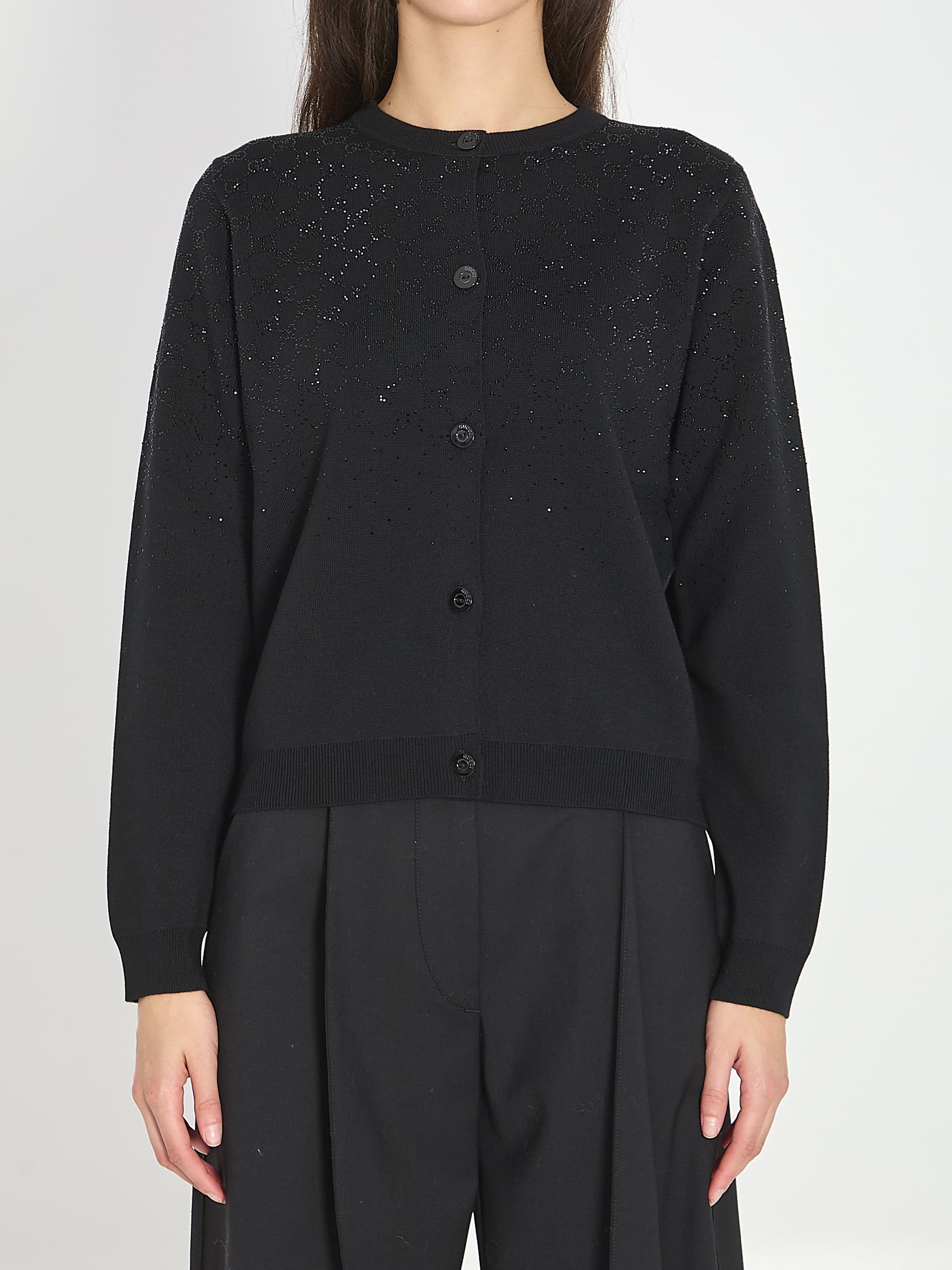 Gucci Fine Wool Cardigan with Gg Crystals