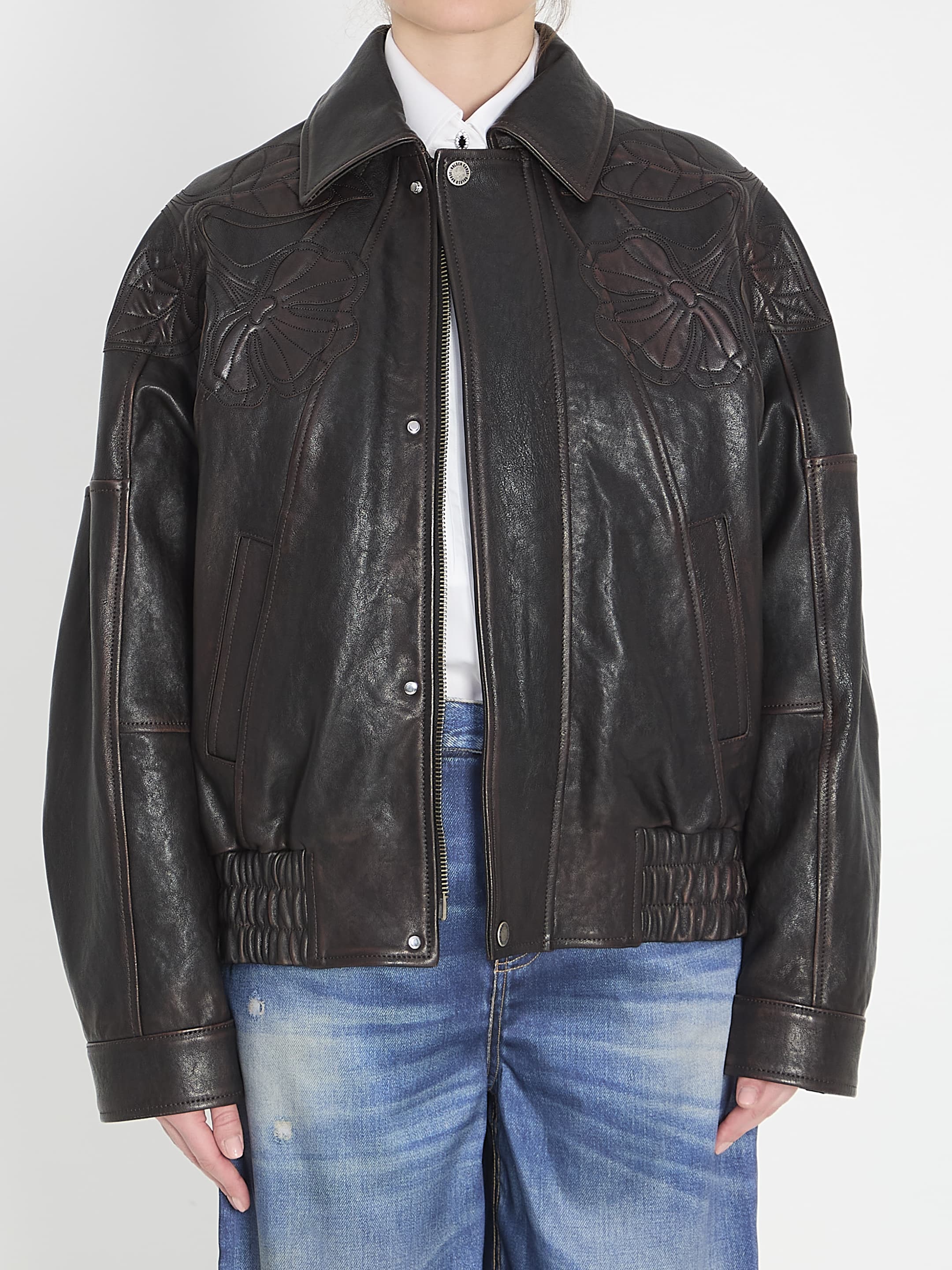 Golden Goose Leather Bomber Jacket with Floral Embroidery