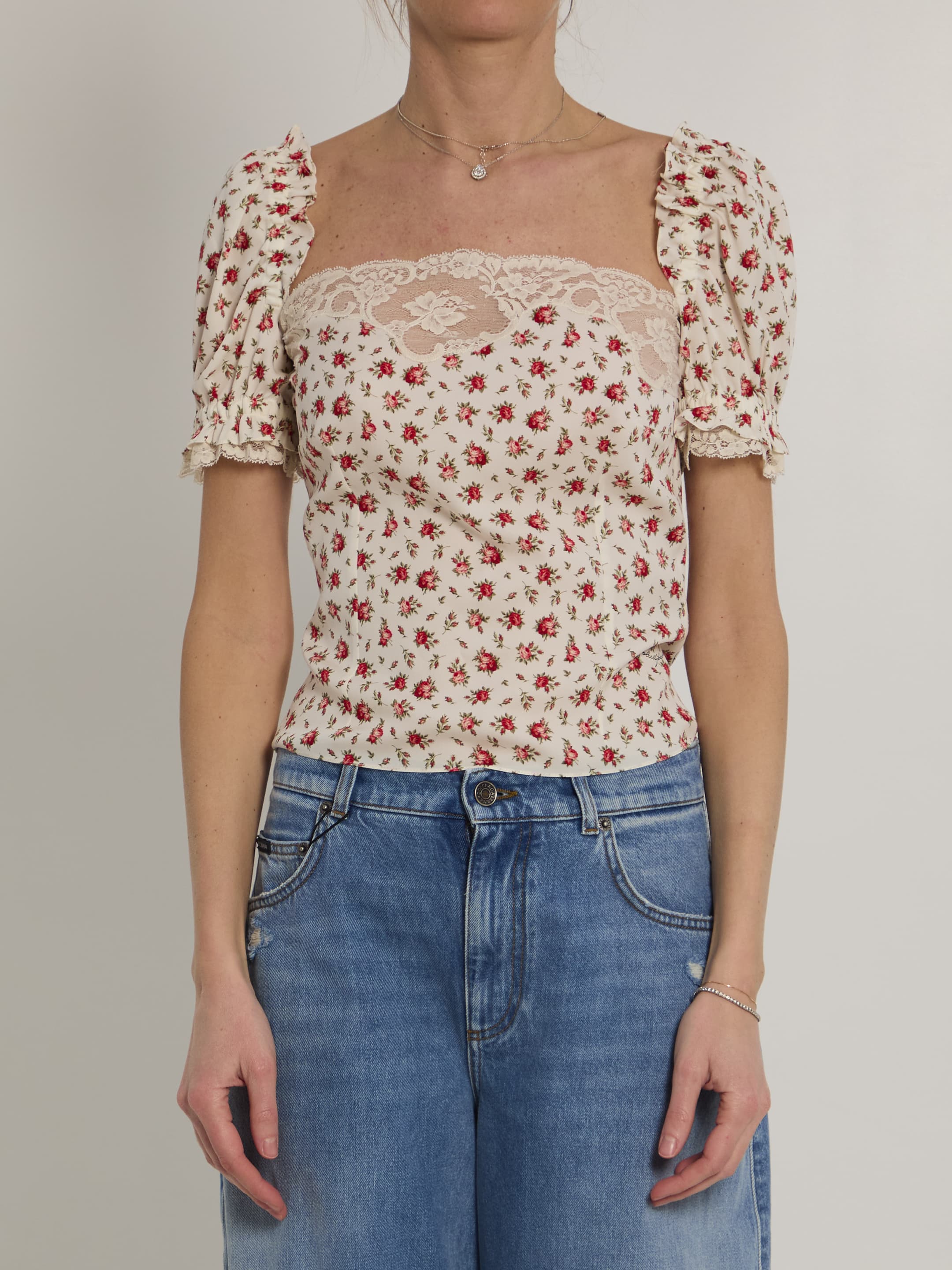 Dolce&Gabbana Charmeuse Top with Rose Print