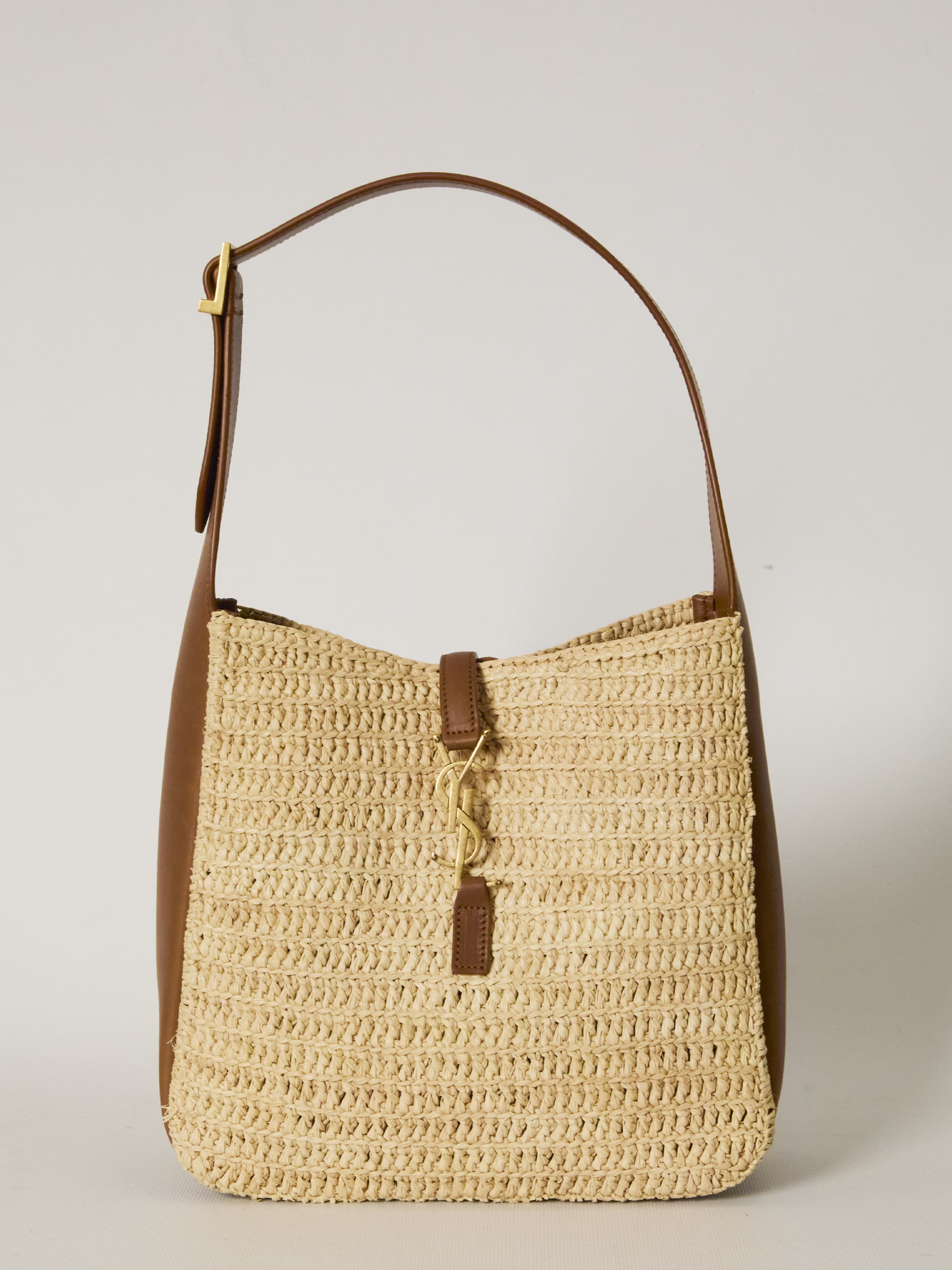 Saint Laurent Le 5 À 7 Raffia and Leather Bag