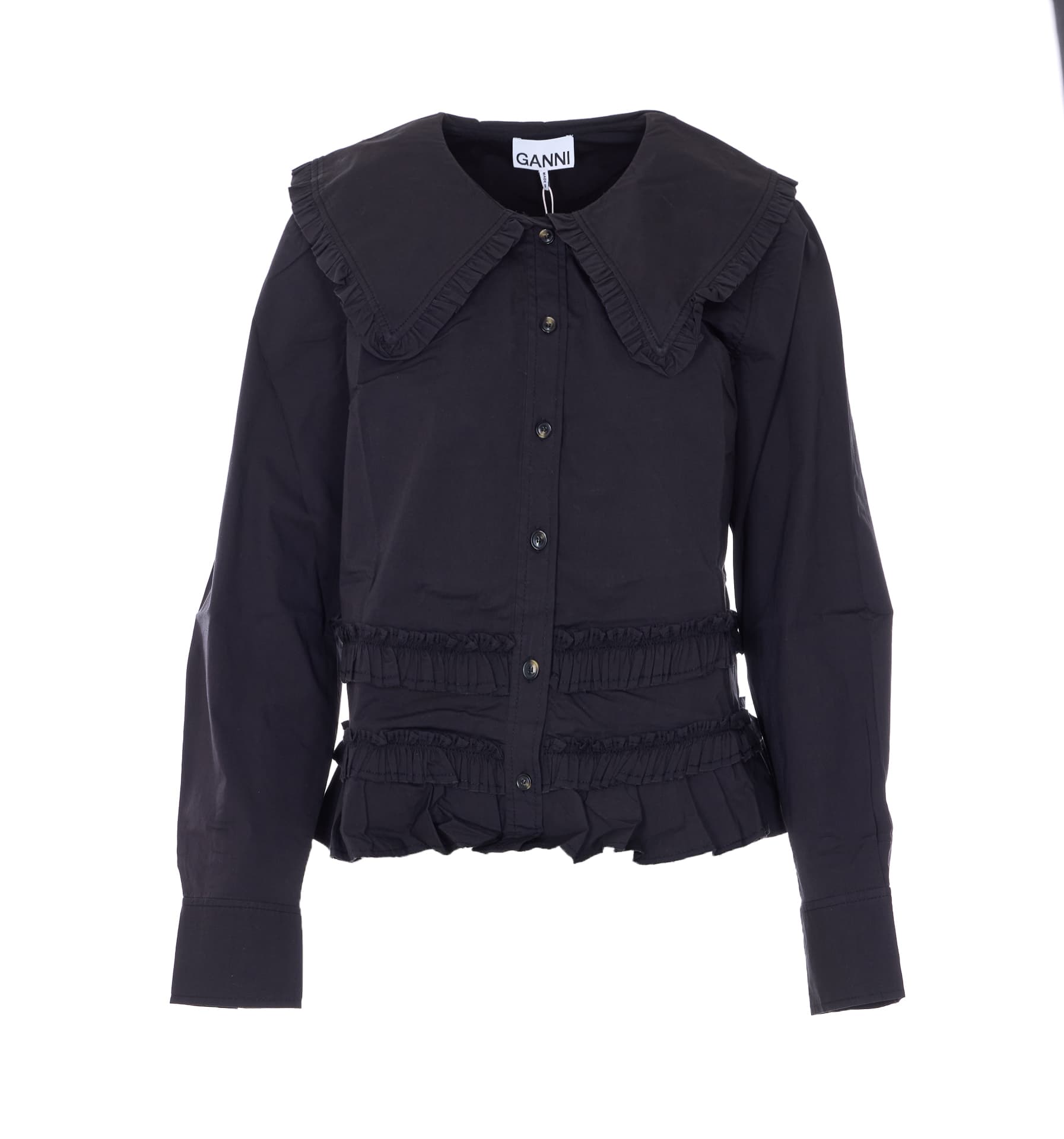 GANNI STRETCH COTTON RUFFLE SHIRT