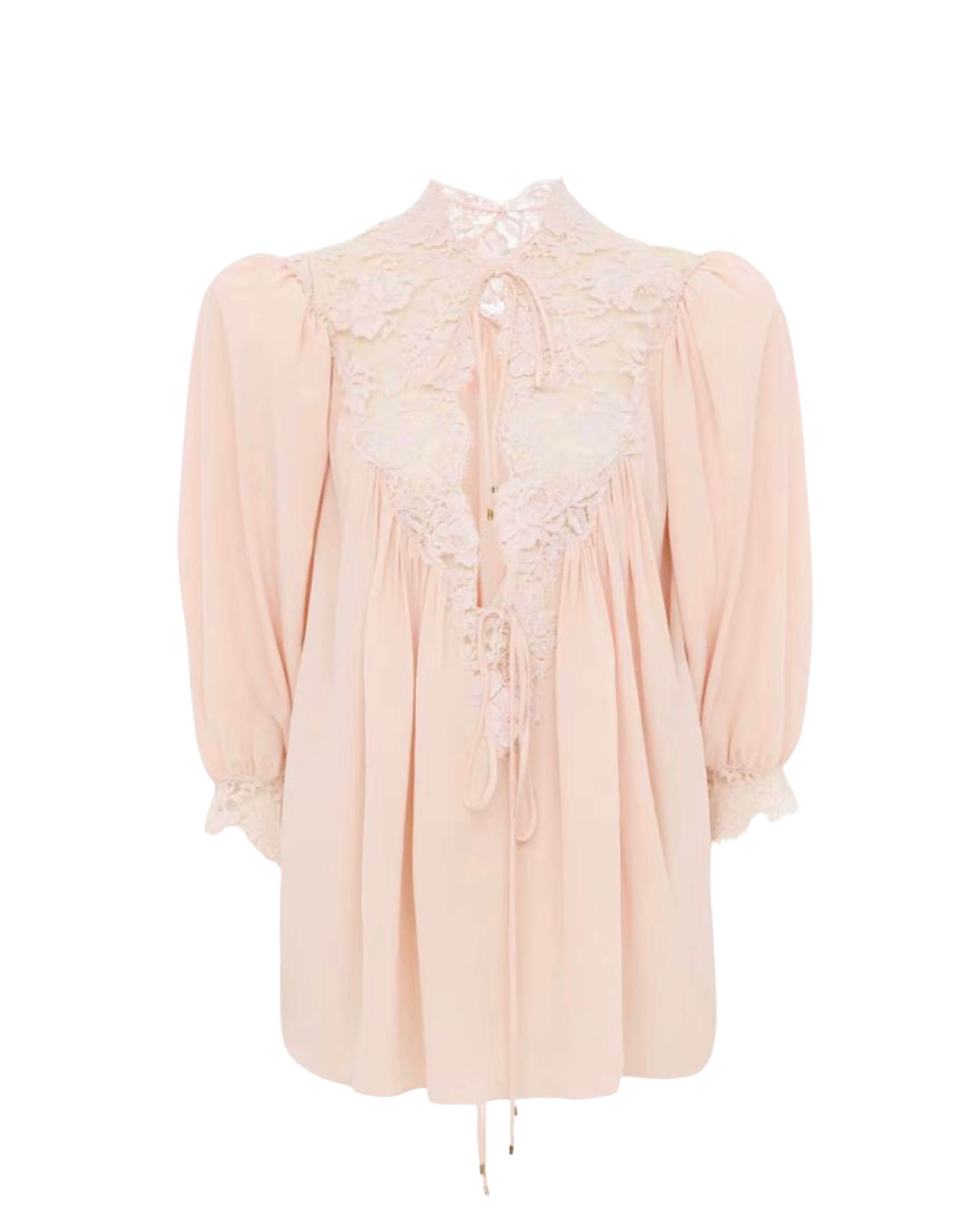 Chloé Chloe' FLOWY TOP WITH PUFF SLEEVES IN CRÊPE DE CHINE AND LACE