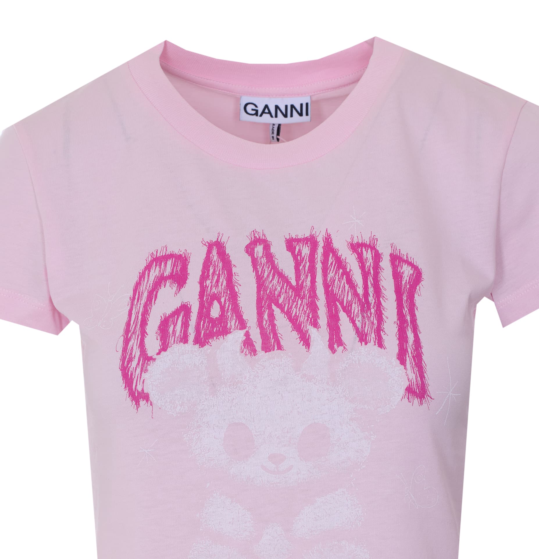 GANNI LOGO T-SHIRT WITH BEAR PRINT