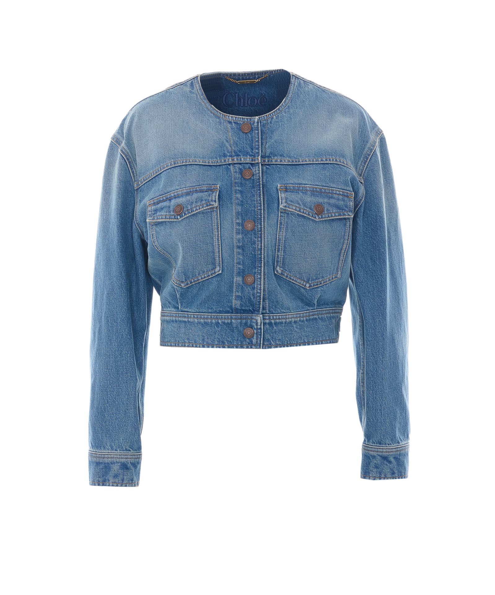 Chloé Chloe' COLLARLESS CROPPED JACKET IN DENIM